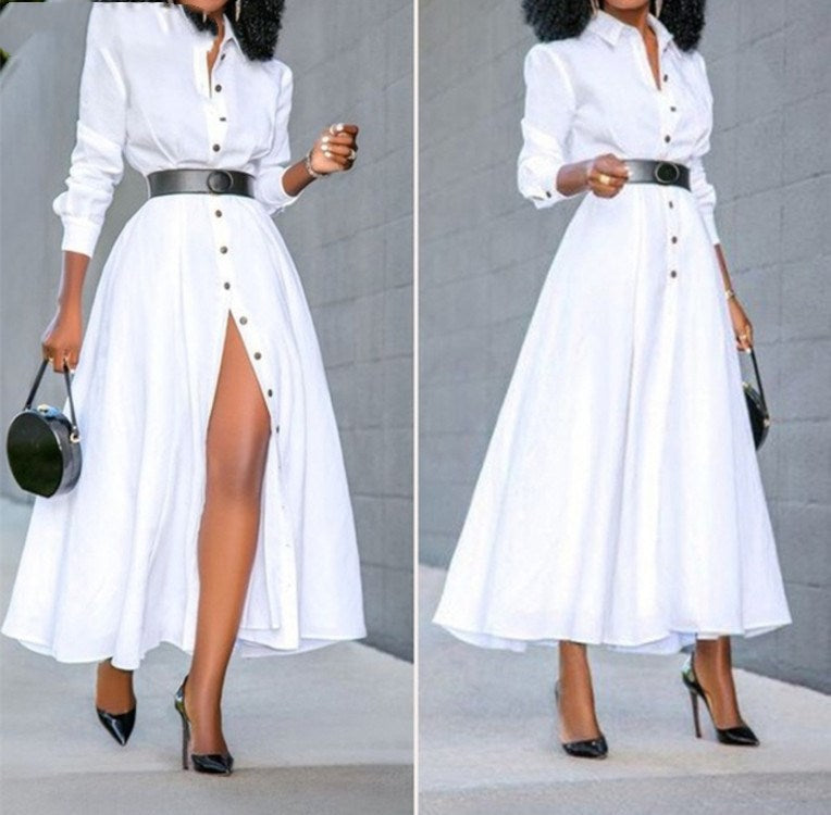 Long Sleeves Lapel Single-breasted Slim Long Dress