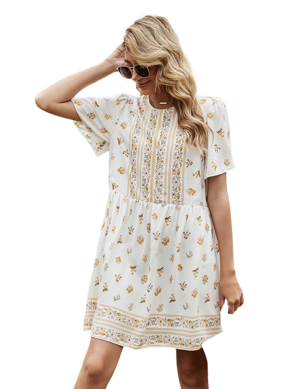 Women's High Waist Short Sleeve Printed Dress Women