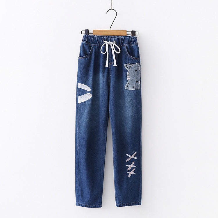 Embroidered Elastic Waist Jeans