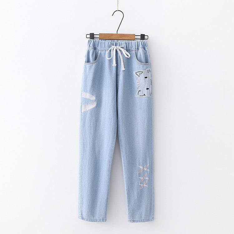 Embroidered Elastic Waist Jeans