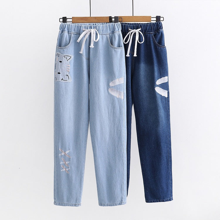 Embroidered Elastic Waist Jeans