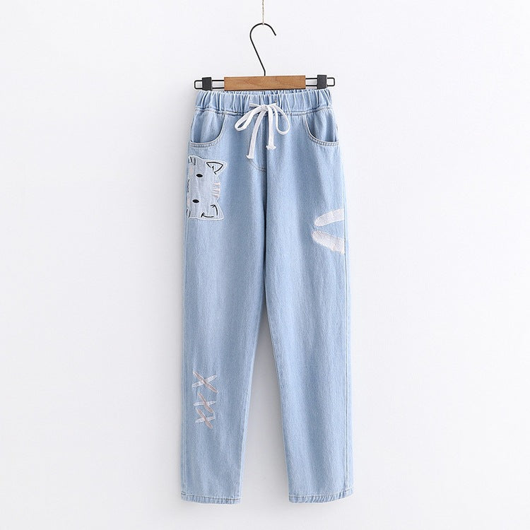 Embroidered Elastic Waist Jeans