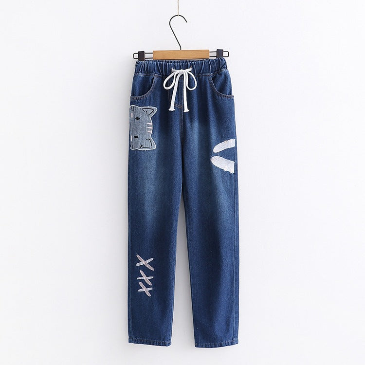 Embroidered Elastic Waist Jeans