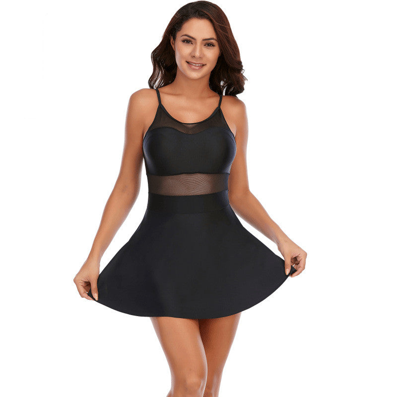 Pure Color Mesh Stitching One-Piece Swimming Skirts