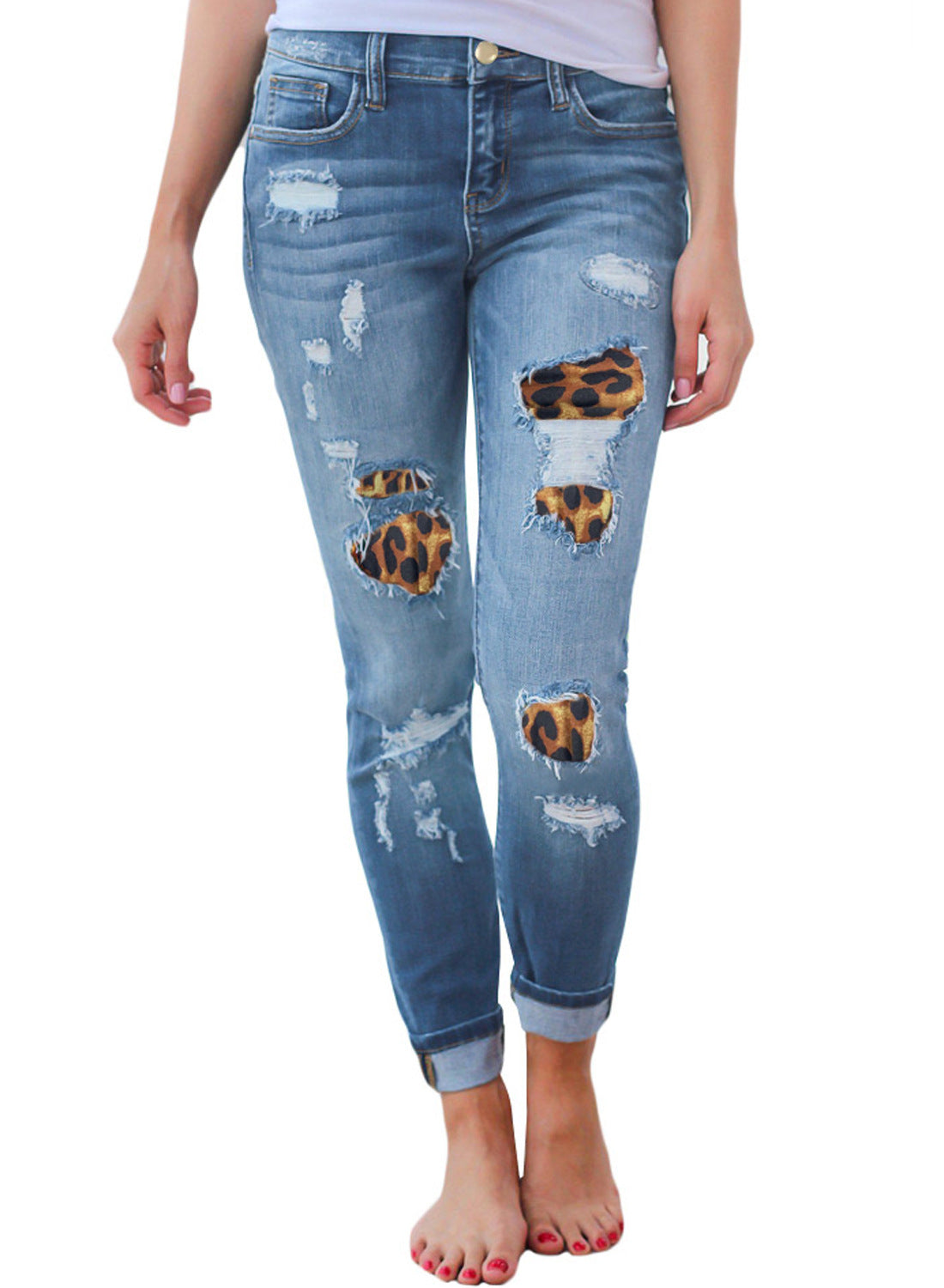 Leopard-print ripped patch stretch jeans