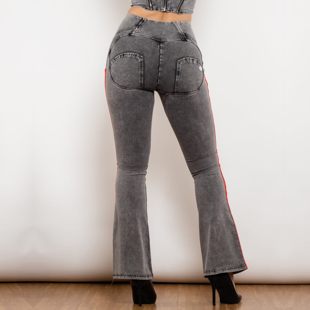 Shascullfites Melody Side Stripe Denim Jeans Fashion Stretch Bum Lift Flare Pants High Waist Grey Jeans