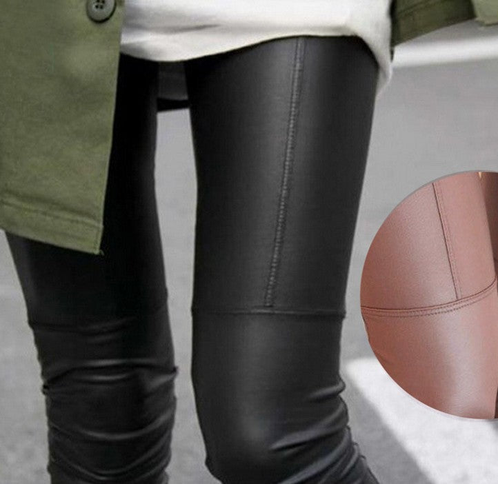 Women'S Pants Nine Points Pencil Pants Stitching Leather Pants Faux Leather Leggings