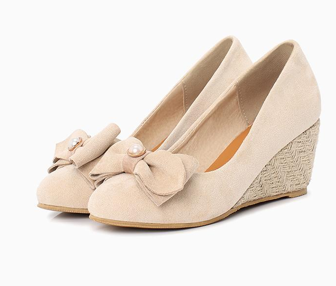 Bowknot Beige Shoes Pink Women'S Shoes High-Heeled Single Wedge Shoes