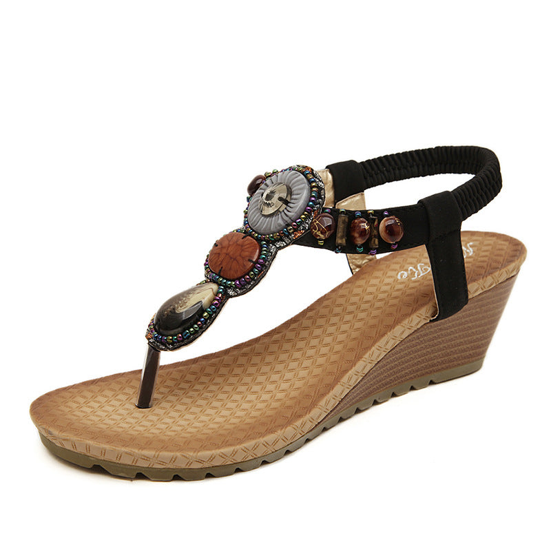 Women'S Sandals Beach Seaside Bohemian Retro Beaded Wedges Plus Size Sandals