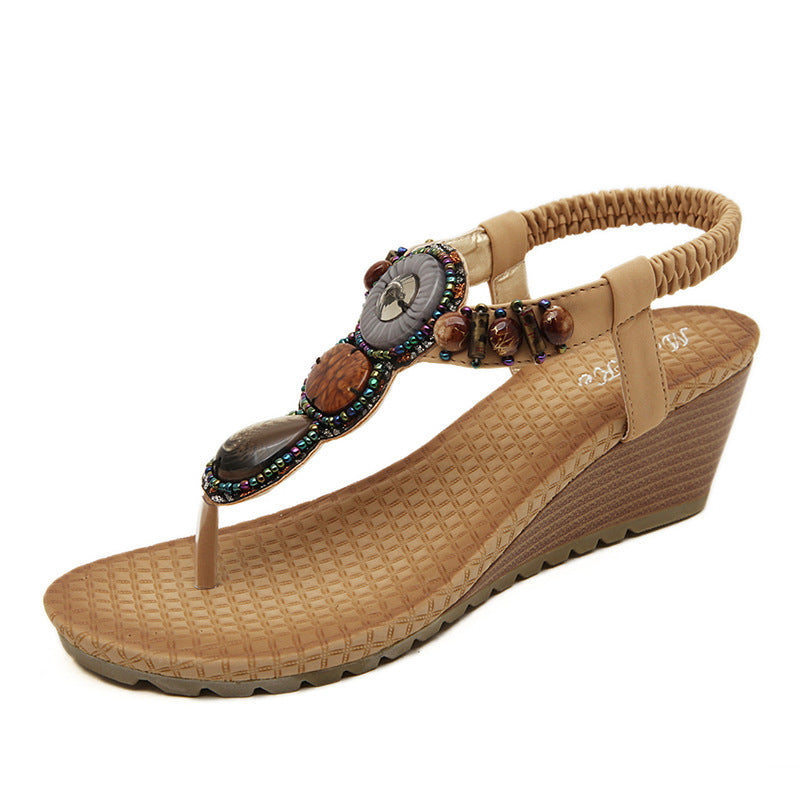 Women'S Sandals Beach Seaside Bohemian Retro Beaded Wedges Plus Size Sandals