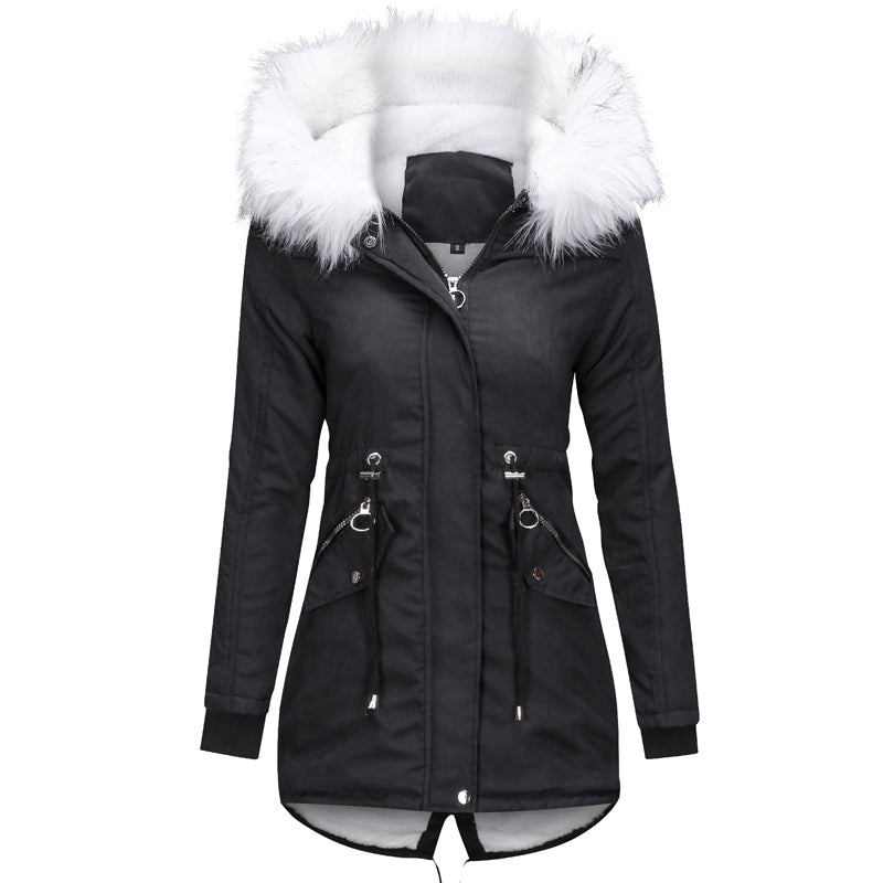 Cotton Coats Women Casual Fur Long Hooded Jacket Fashion Simple High Street