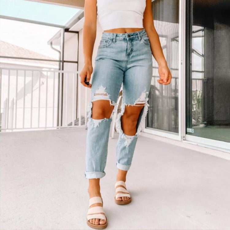 Wide-leg Straight-leg Ripped Jeans