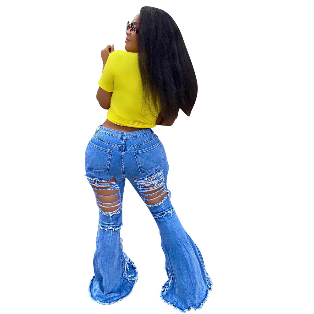 Fashion Tassel Hem Denim Pants Women Retro Solid