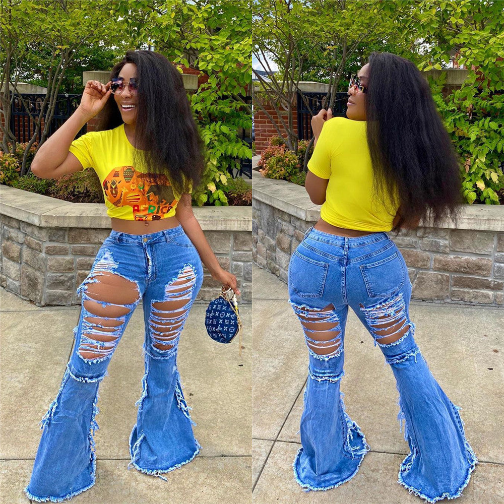 Fashion Tassel Hem Denim Pants Women Retro Solid