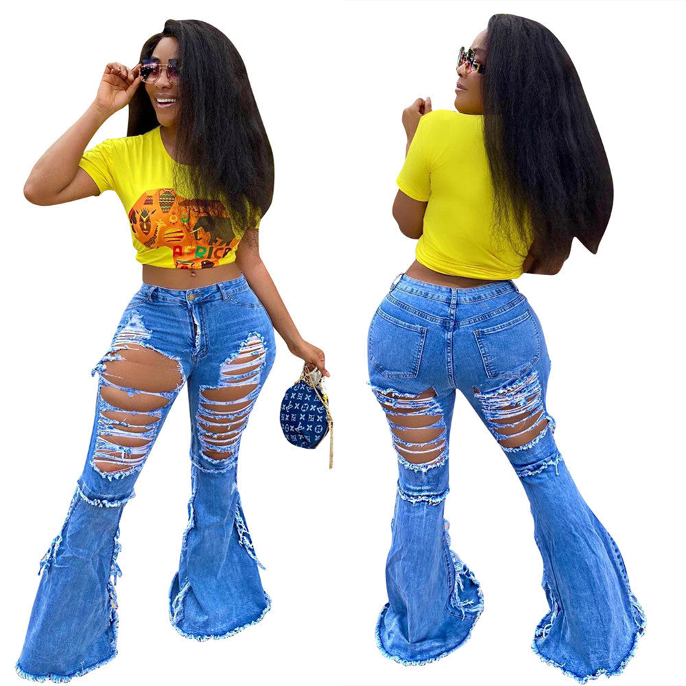 Fashion Tassel Hem Denim Pants Women Retro Solid