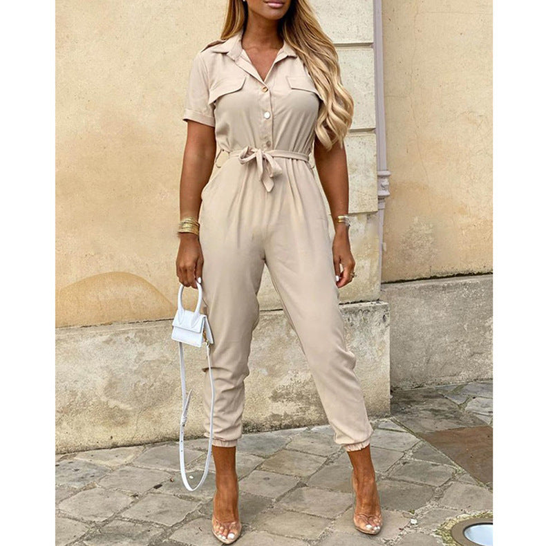 Trousers Casual Lapel Buttoned Printed Belt Overalls