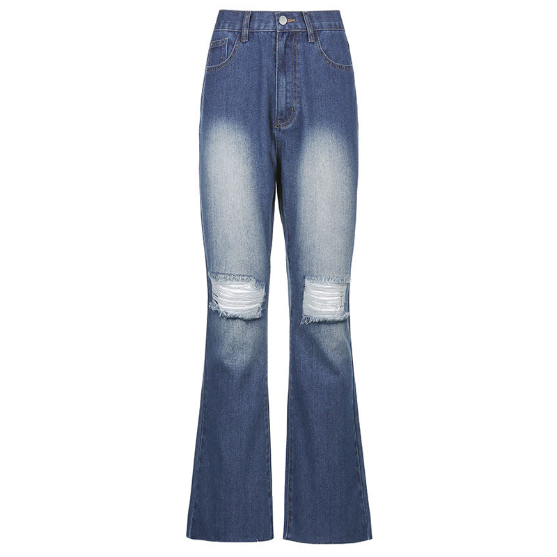 Women's Jeans High Waist Blue Ripped Straight Flared Pants Trousers