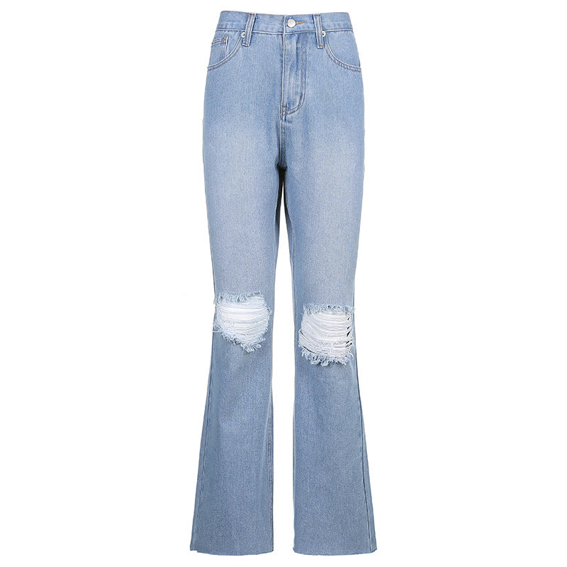 Women's Jeans High Waist Blue Ripped Straight Flared Pants Trousers