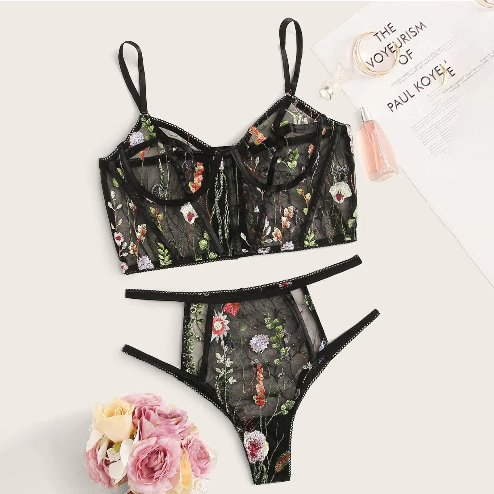 Sexy Lingerie Women Underwear Set Mesh See-through Floral Embroidery Bra Set Ladies Temptation Seamless Bra And Brief Sets 2Pcs