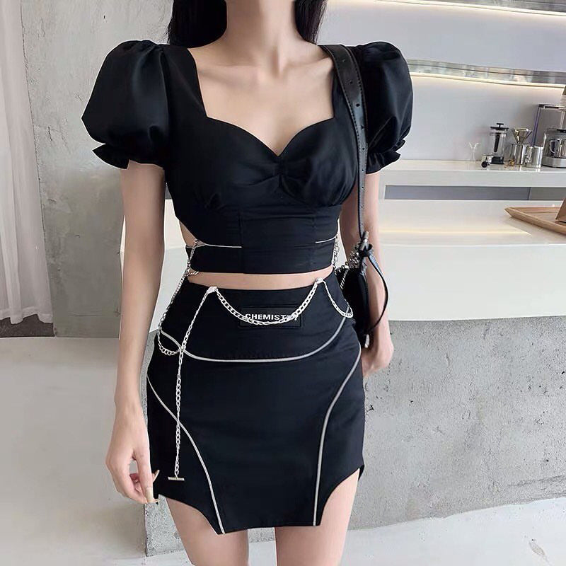 Short Navel Puff Sleeve Square Neck Short Sleeve T-Shirt Women