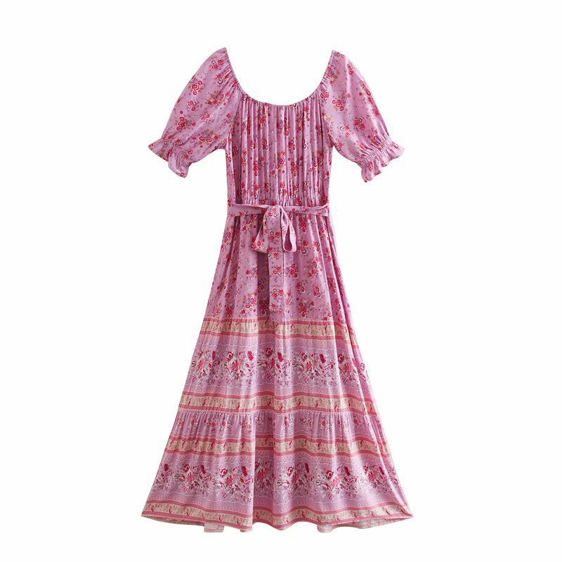 Aachoae Women Elegant A Line Long Maxi Dress With Belt Summer Floral Print Beach Dress Ruffle Short Sleeve Bow Tie Chic Dresses