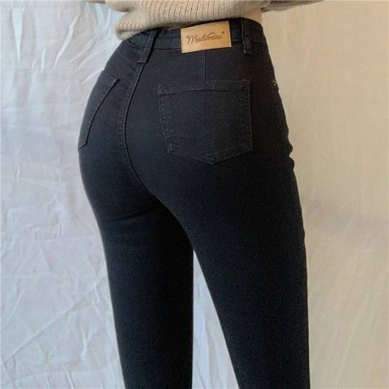 Large Size High Waist Peach Hip Stretch Light Blue Denim Trousers