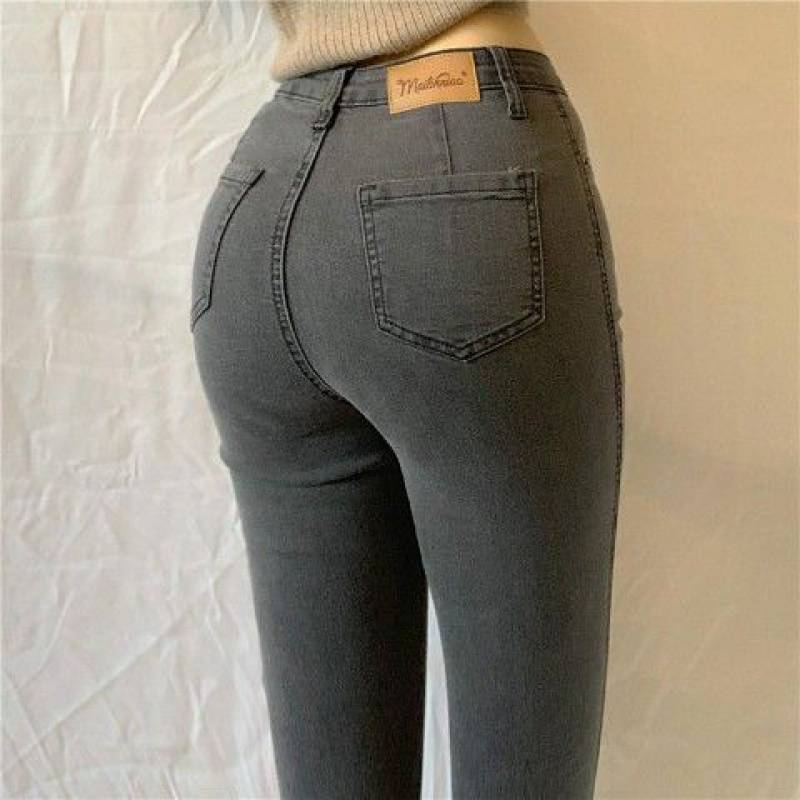 Large Size High Waist Peach Hip Stretch Light Blue Denim Trousers