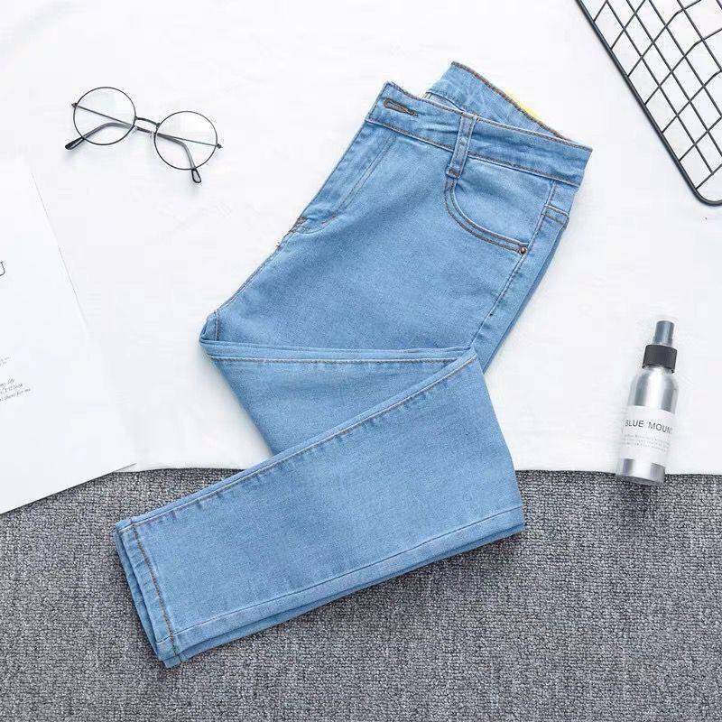 Large Size High Waist Peach Hip Stretch Light Blue Denim Trousers