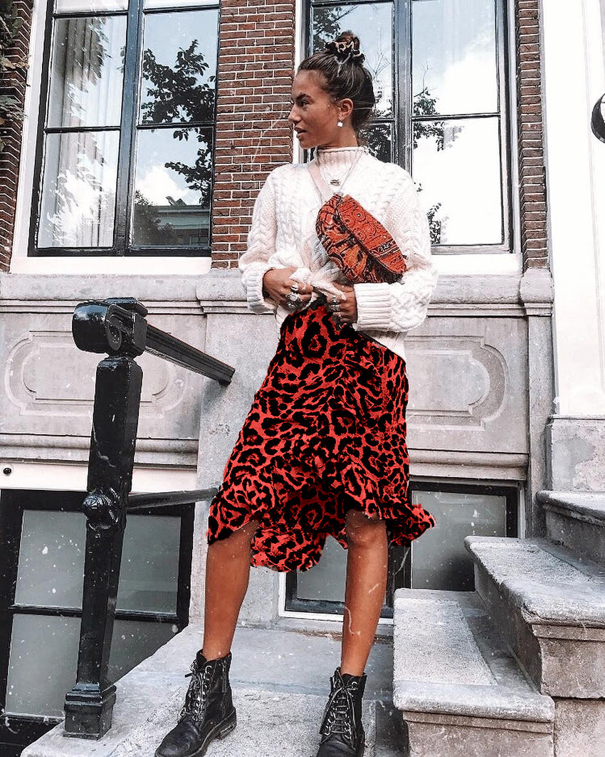 Mid-length red leopard chiffon skirt