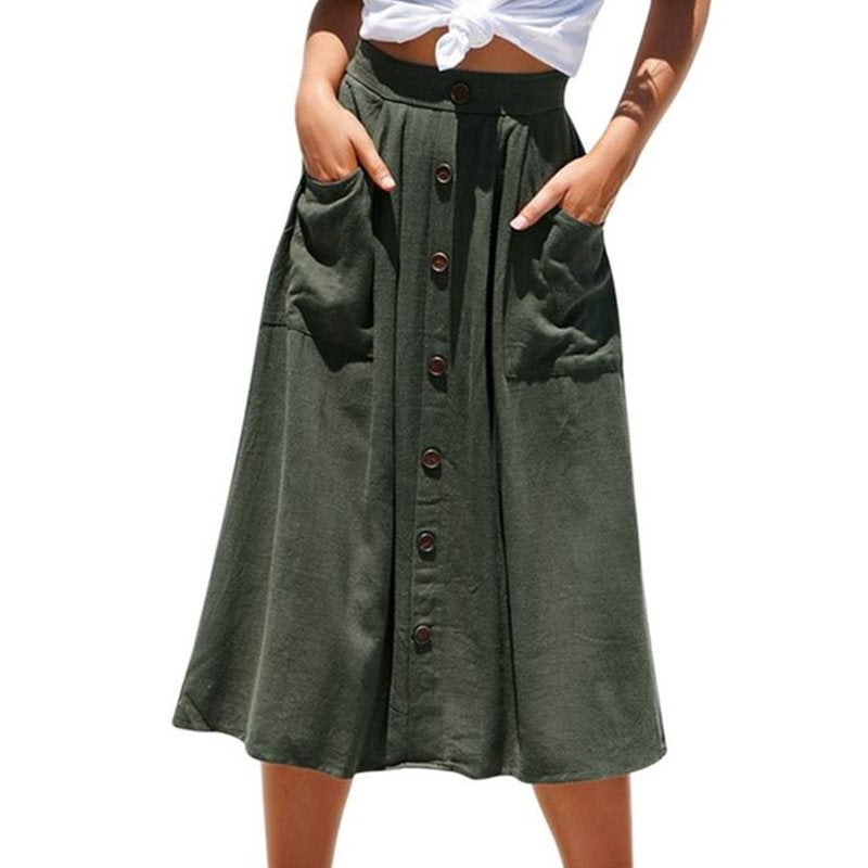 Single Breasted Buttons Midi Skirt Pocket