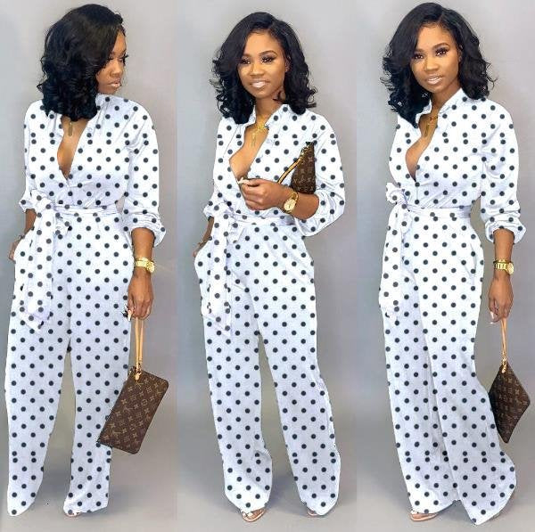 Point Printed Long-Sleeve Jumpsuit