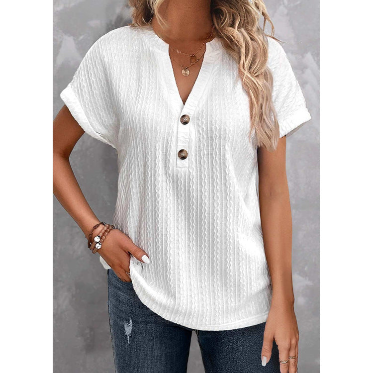 Women's Batwing Sleeve Solid Color And V-neck Button T-shirt