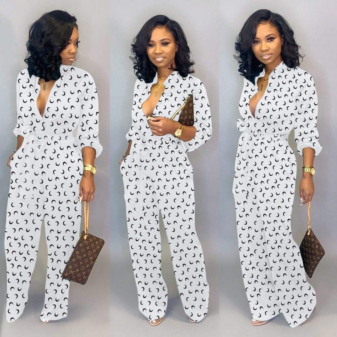 Point Printed Long-Sleeve Jumpsuit