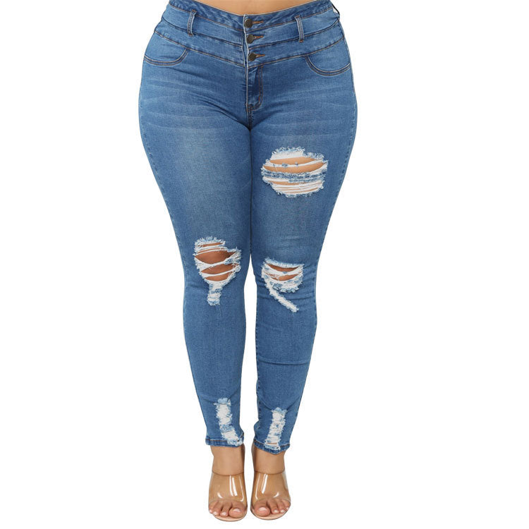 High Waist Ripped Large Size Jeans