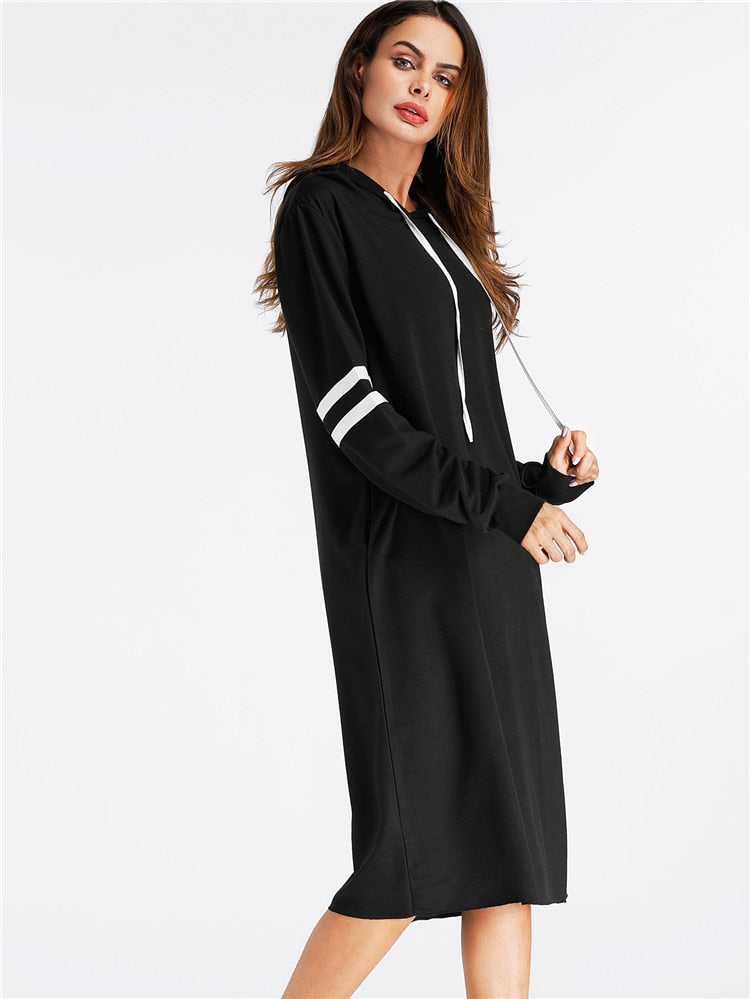 Black Hoodies Dress Women Long Sleeve Striped Casual Tops With Hooded Loose Dresses Spring Autumn Vestidos Pullovers Female