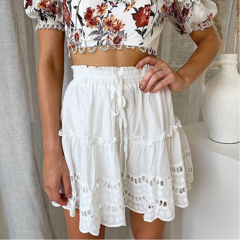 Hook flower hollow pleated ruffled skirt