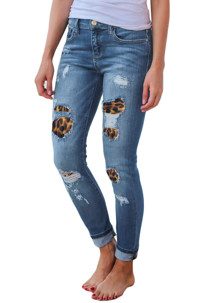 Leopard-print ripped patch stretch jeans