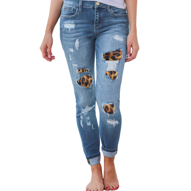 Leopard-print ripped patch stretch jeans