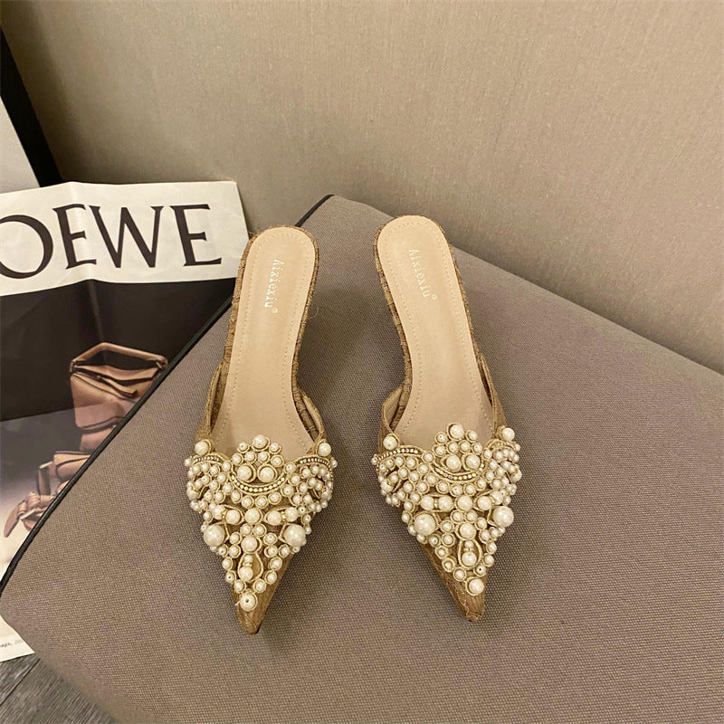 Fashion Pointed Pearl Half Stiletto Closed Toe Mid Heel Slippers