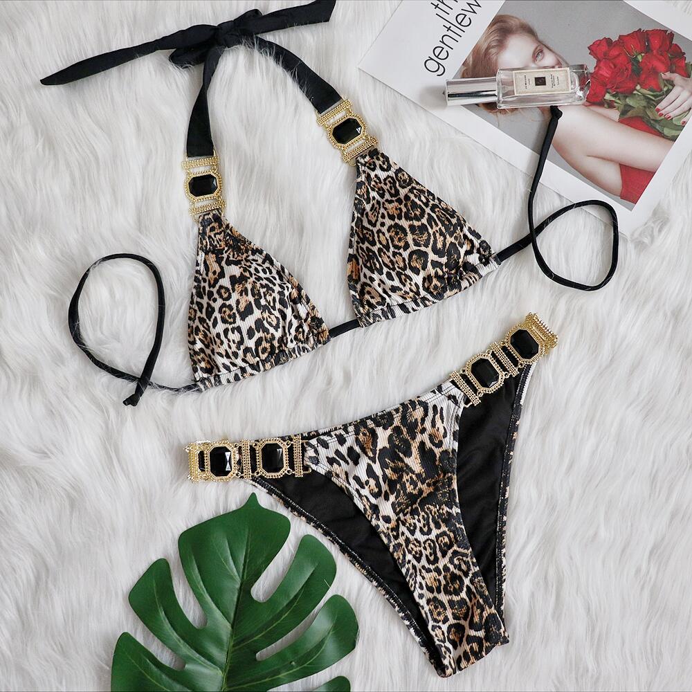 Leopard-Print Diamond Low-Rise Push-Up Swimsuit