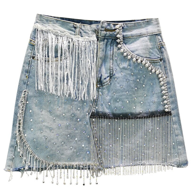 Denim High Waist Heavy Industry Rhinestone Fringed A-Line Skirt