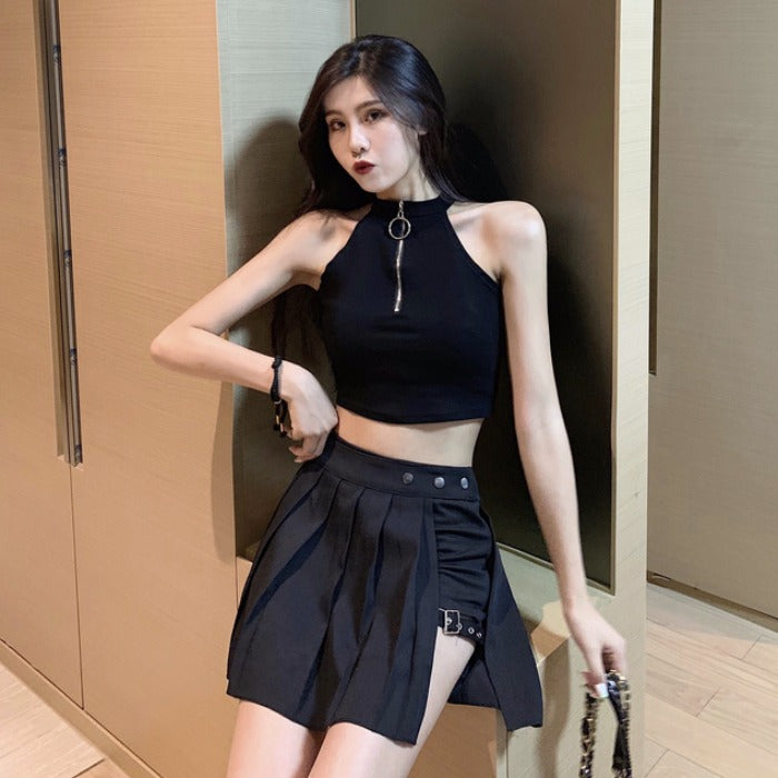 Dark pleated skirt with leg loops