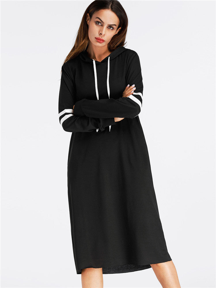 Black Hoodies Dress Women Long Sleeve Striped Casual Tops With Hooded Loose Dresses Spring Autumn Vestidos Pullovers Female