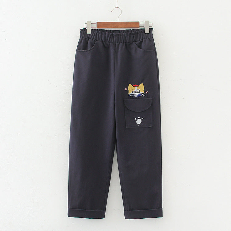 Cartoon Embroidery Casual Pants Girls Spring Straight Pants