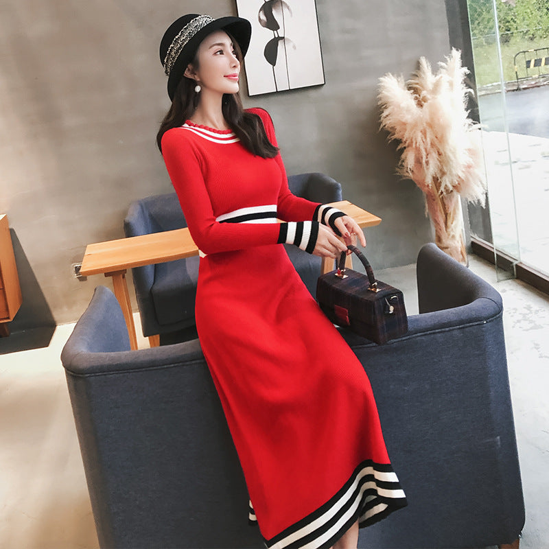 Big red long-sleeved long knit dress women