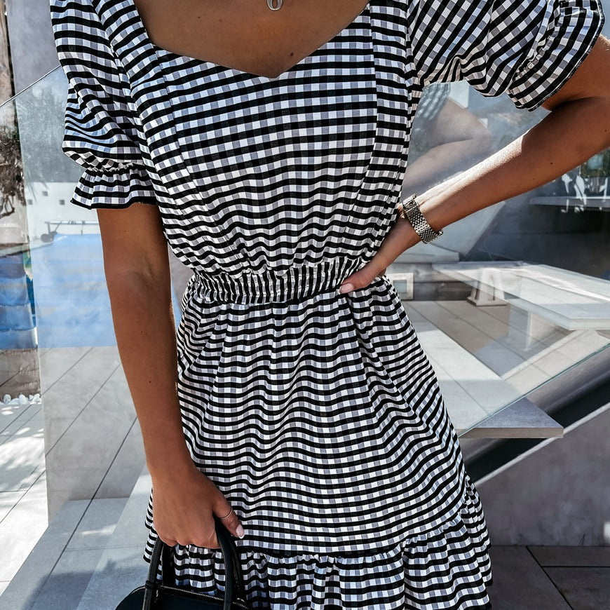 Summer Ruffled Plaid Print Short-Sleeved Dress Women