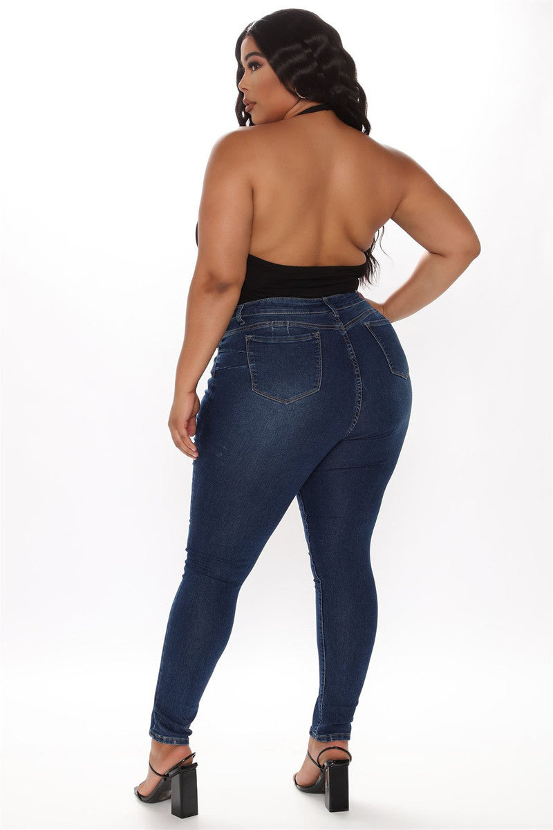 Plus Size Pencil Slim Jeans Stretch Women's Denim Pants Blue