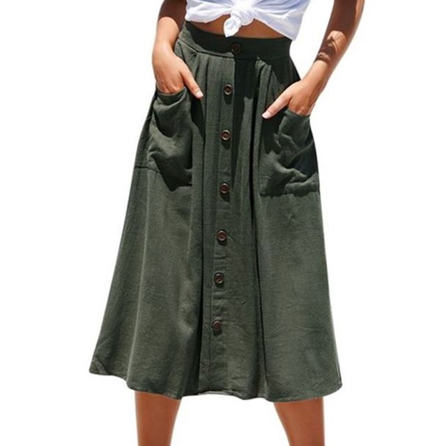 Single Breasted Buttons Midi Skirt Pocket