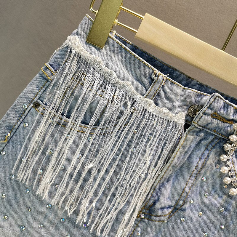 Denim High Waist Heavy Industry Rhinestone Fringed A-Line Skirt