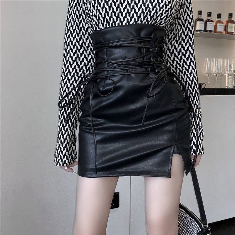 Women's Strappy High Waist Slit Leather Skirt